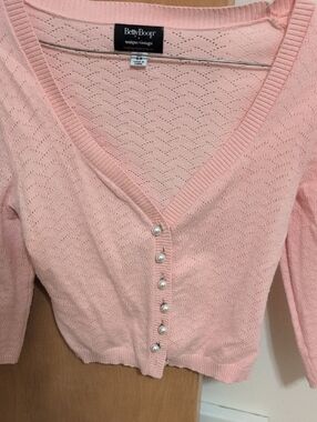 Betty Boop X Unique Vintage Pink Openwork V-Neck Cardigan with Pearl Buttons